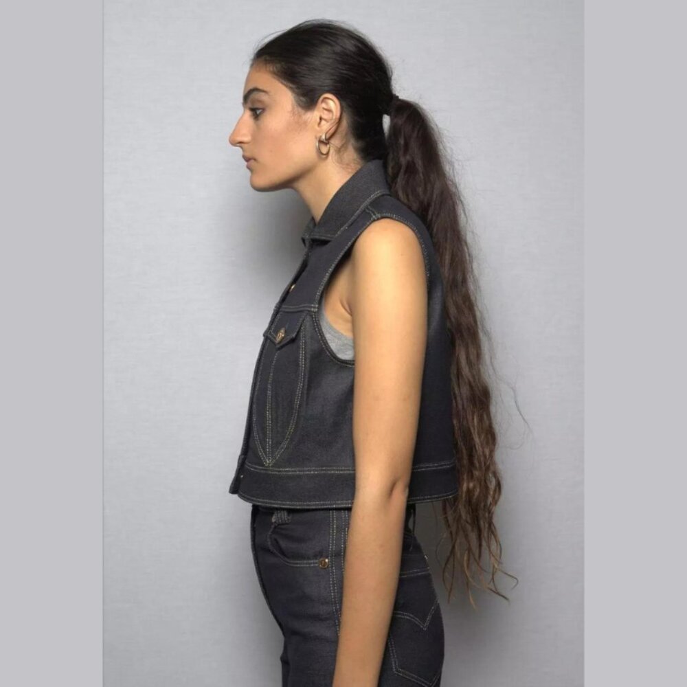 NWT VERSACE Tribute Blue Dark Wash Denim Gold Medusa Button Cropped Vest - Picture 8 of 11